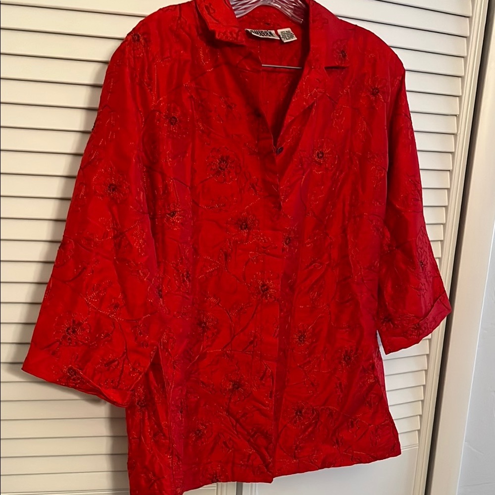 Chico’s Silk Vibrant Red Floral Top SZ 2 or M